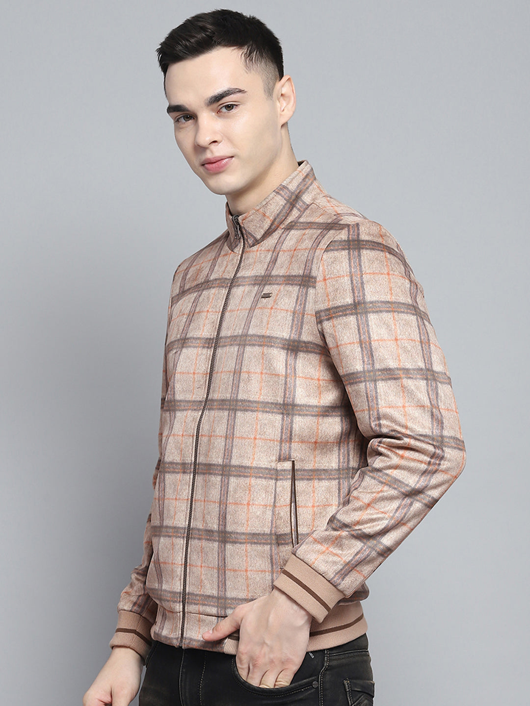 Men Khaki Solid Mock Neck Full Sleeve Reversible Jacket