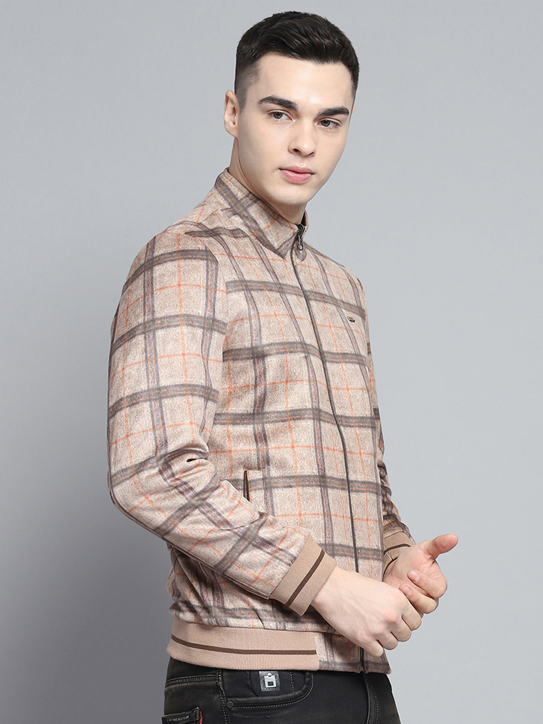 Men Khaki Solid Mock Neck Full Sleeve Reversible Jacket