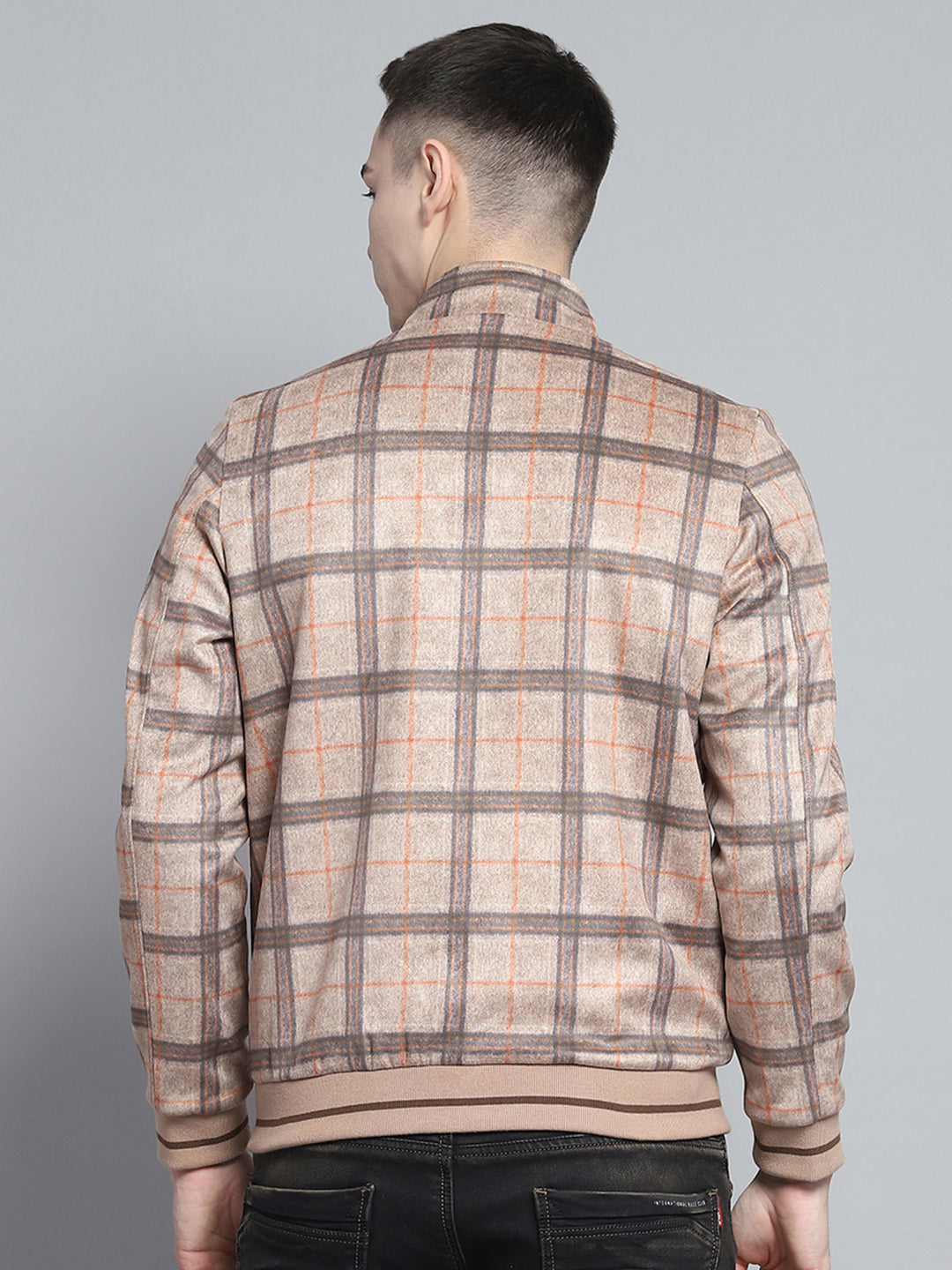 Men Khaki Solid Mock Neck Full Sleeve Reversible Jacket