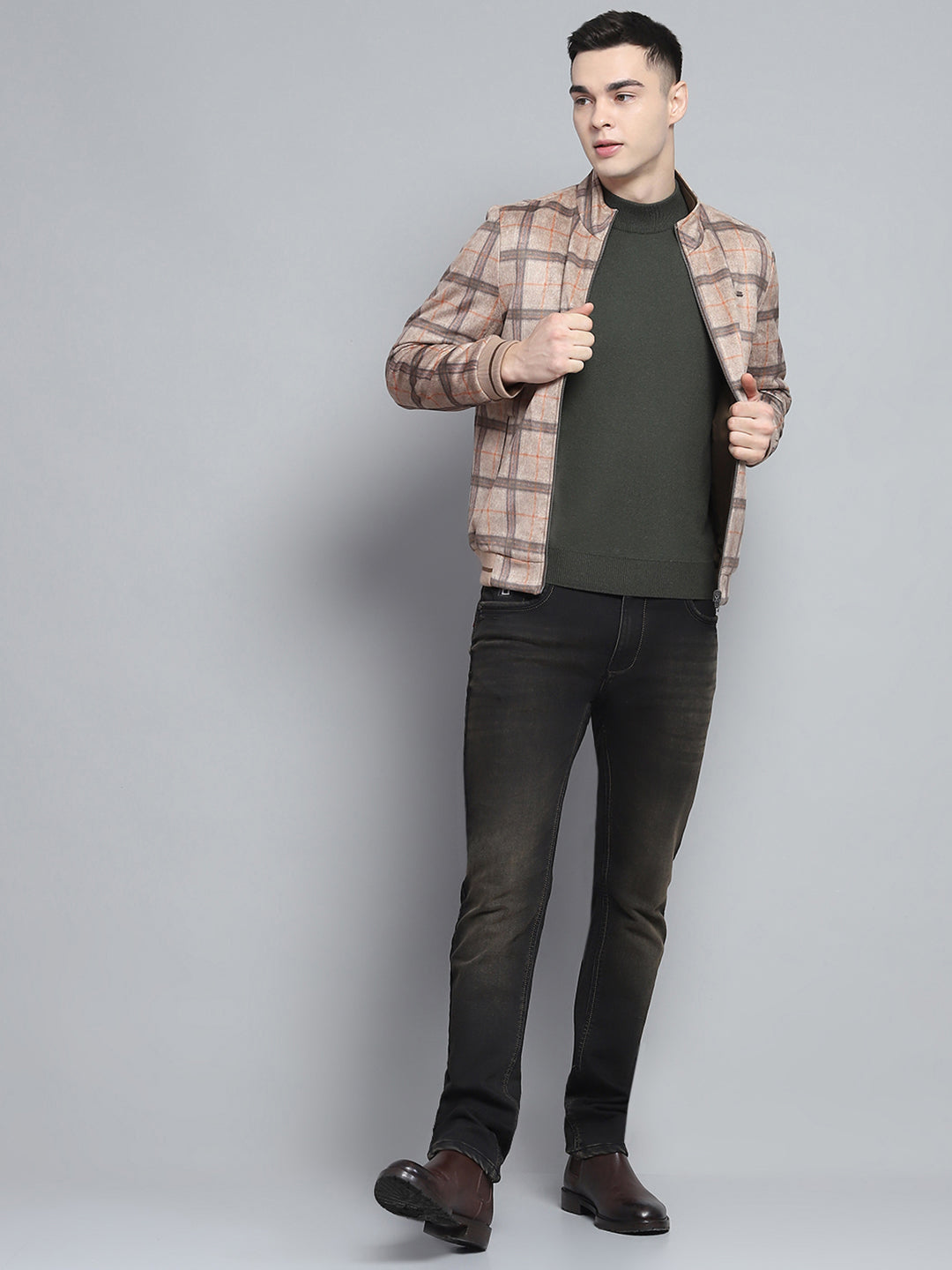 Men Khaki Solid Mock Neck Full Sleeve Reversible Jacket