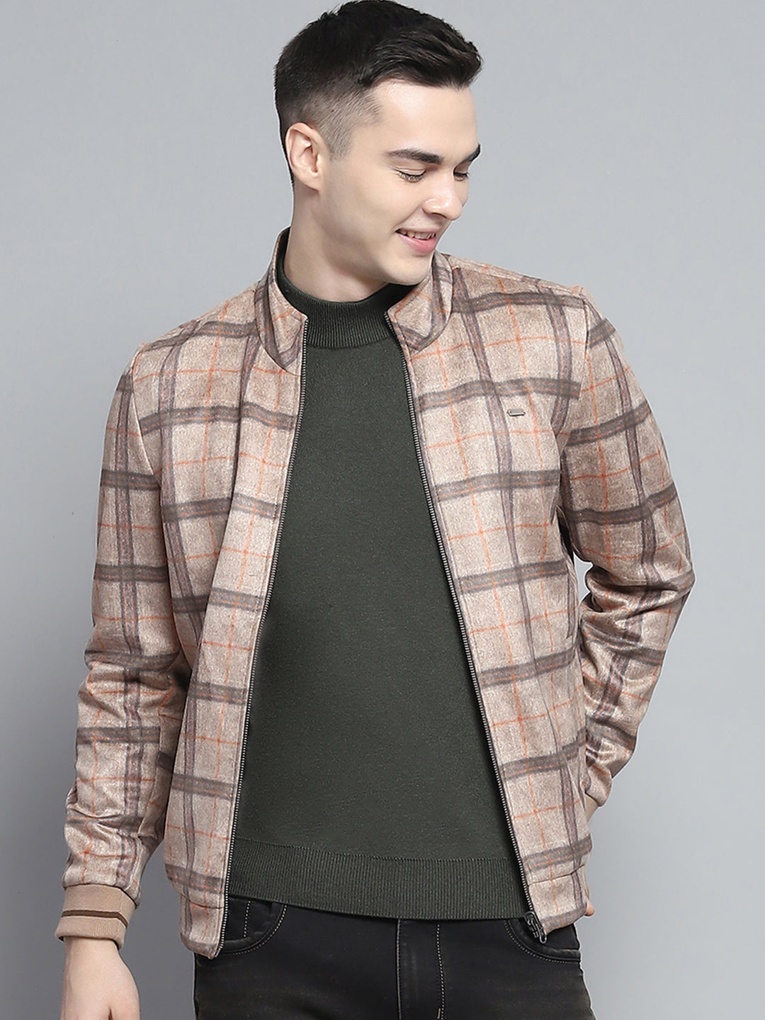 Men Khaki Solid Mock Neck Full Sleeve Reversible Jacket