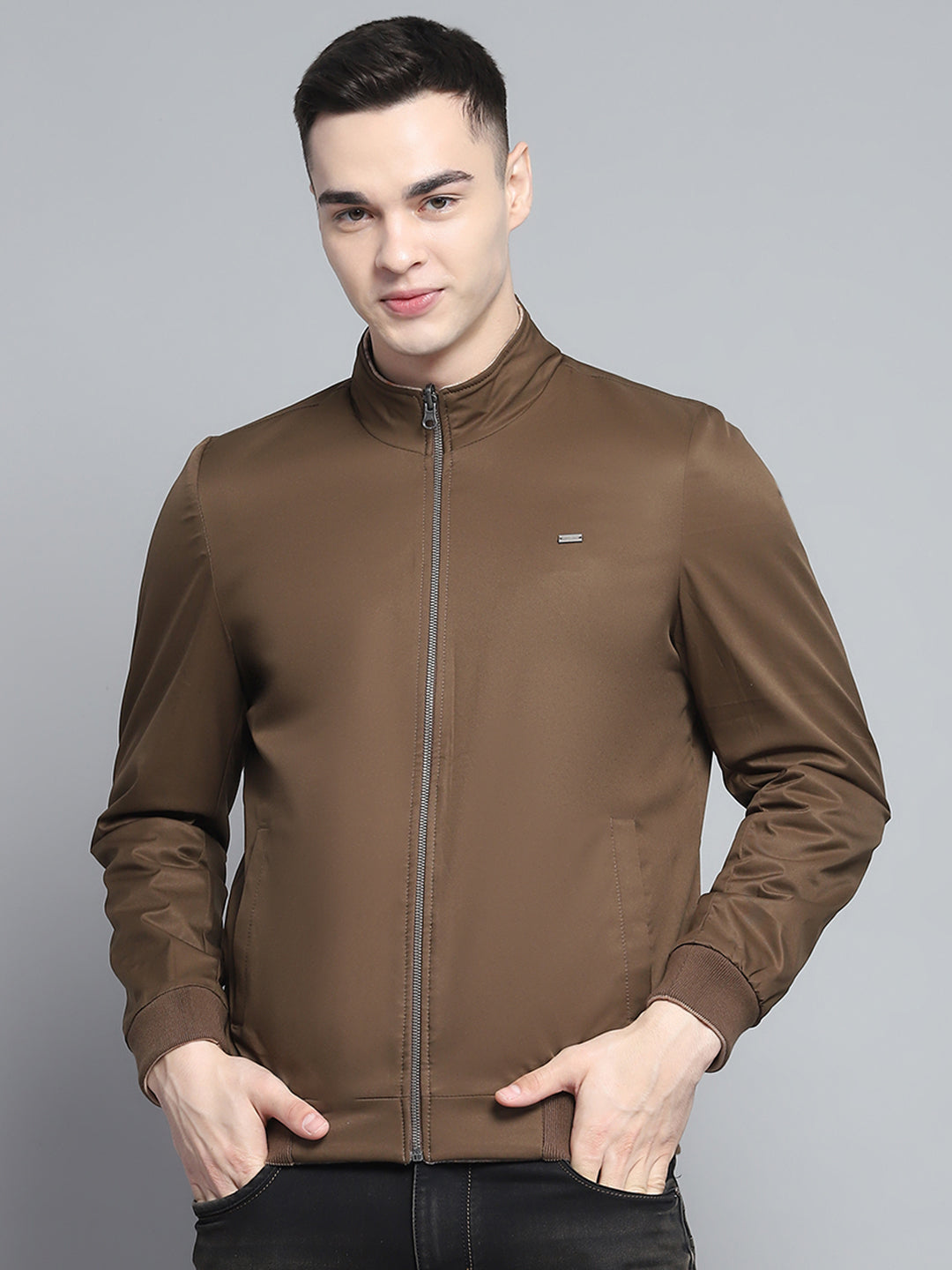 Men Khaki Solid Mock Neck Full Sleeve Reversible Jacket