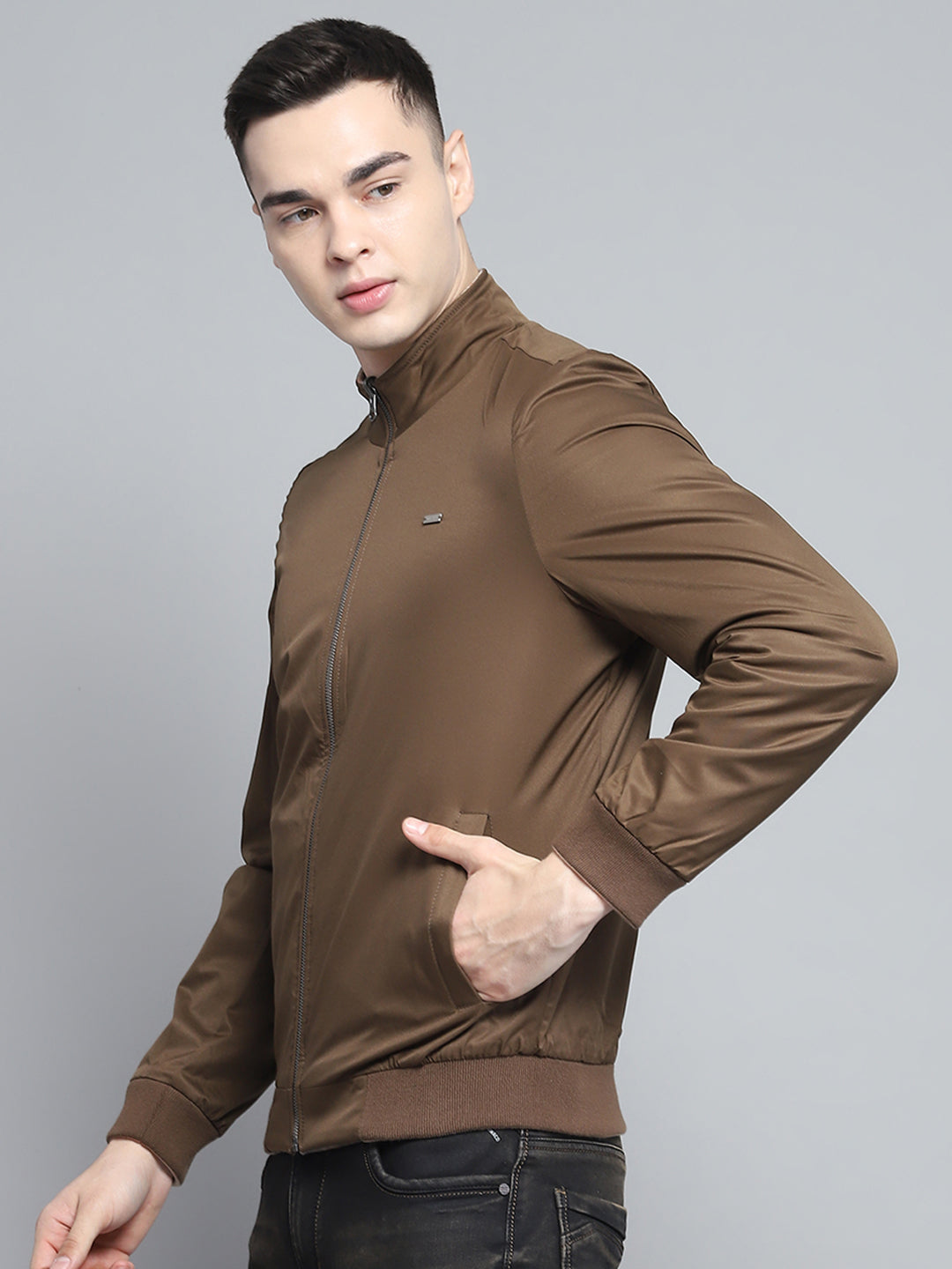 Men Khaki Solid Mock Neck Full Sleeve Reversible Jacket