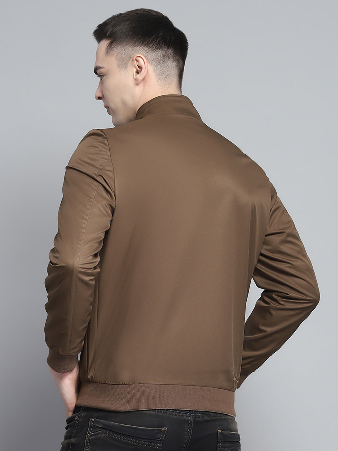 Men Khaki Solid Mock Neck Full Sleeve Reversible Jacket