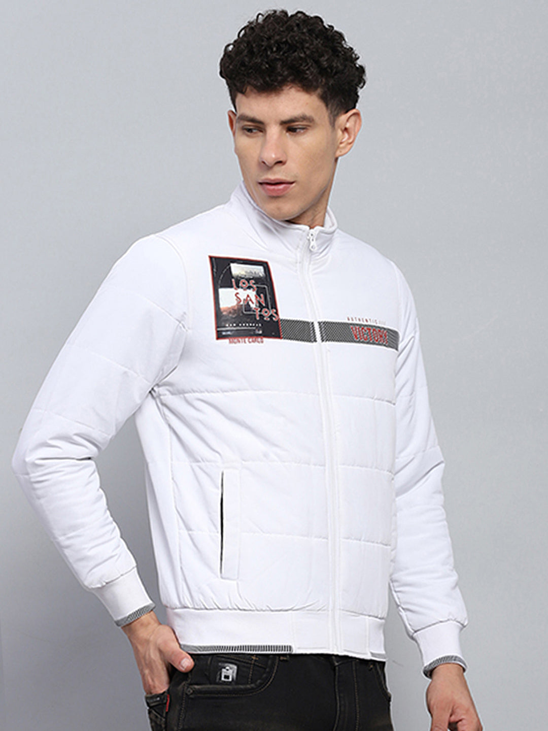 Men White Printed Mock Neck Full Sleeve Jacket