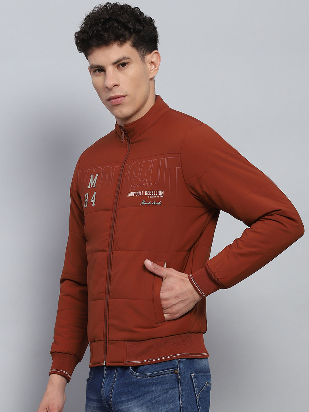 Men Rust Printed Mock Neck Full Sleeve Jacket