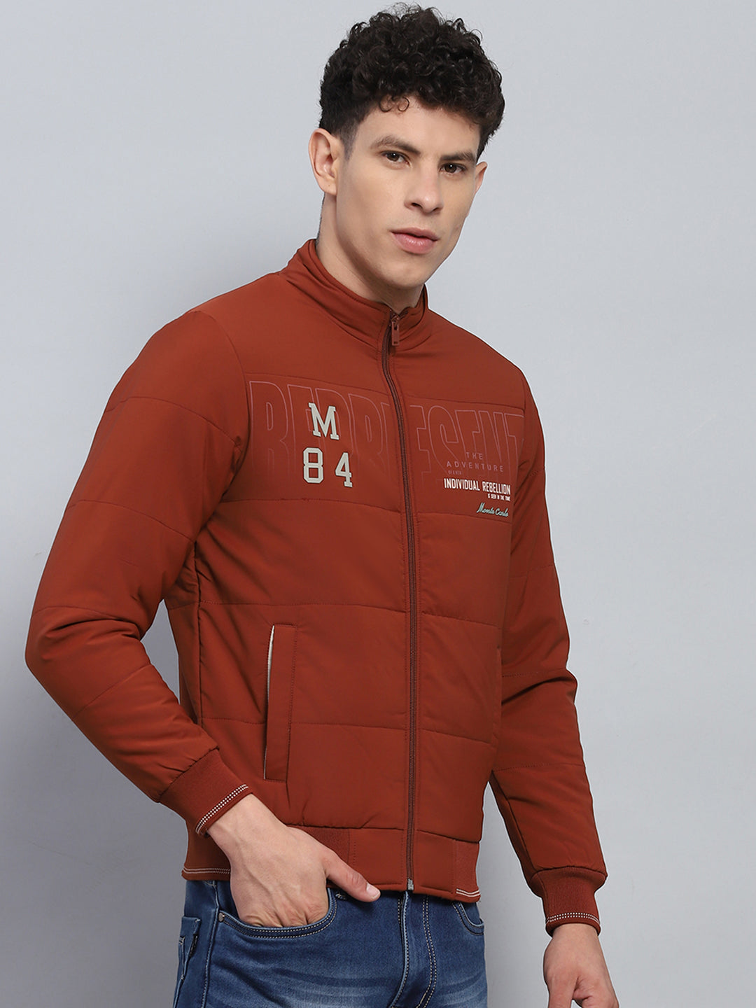 Men Rust Printed Mock Neck Full Sleeve Jacket