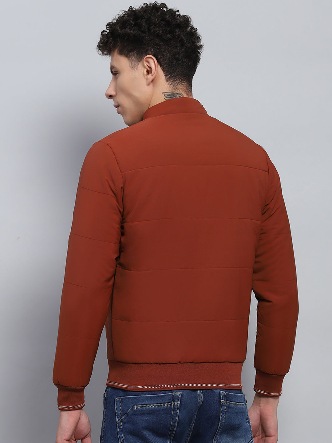 Men Rust Printed Mock Neck Full Sleeve Jacket