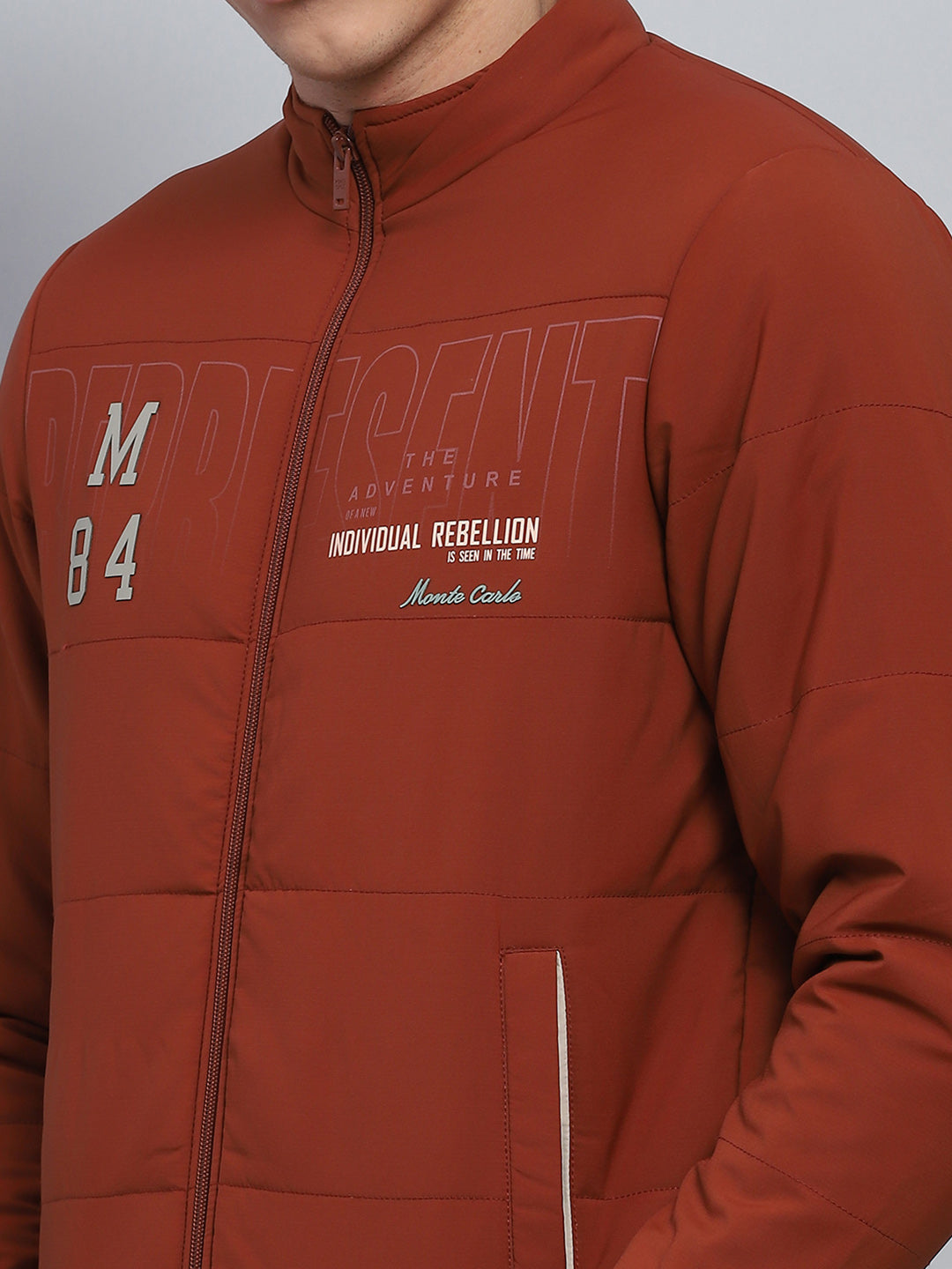 Men Rust Printed Mock Neck Full Sleeve Jacket