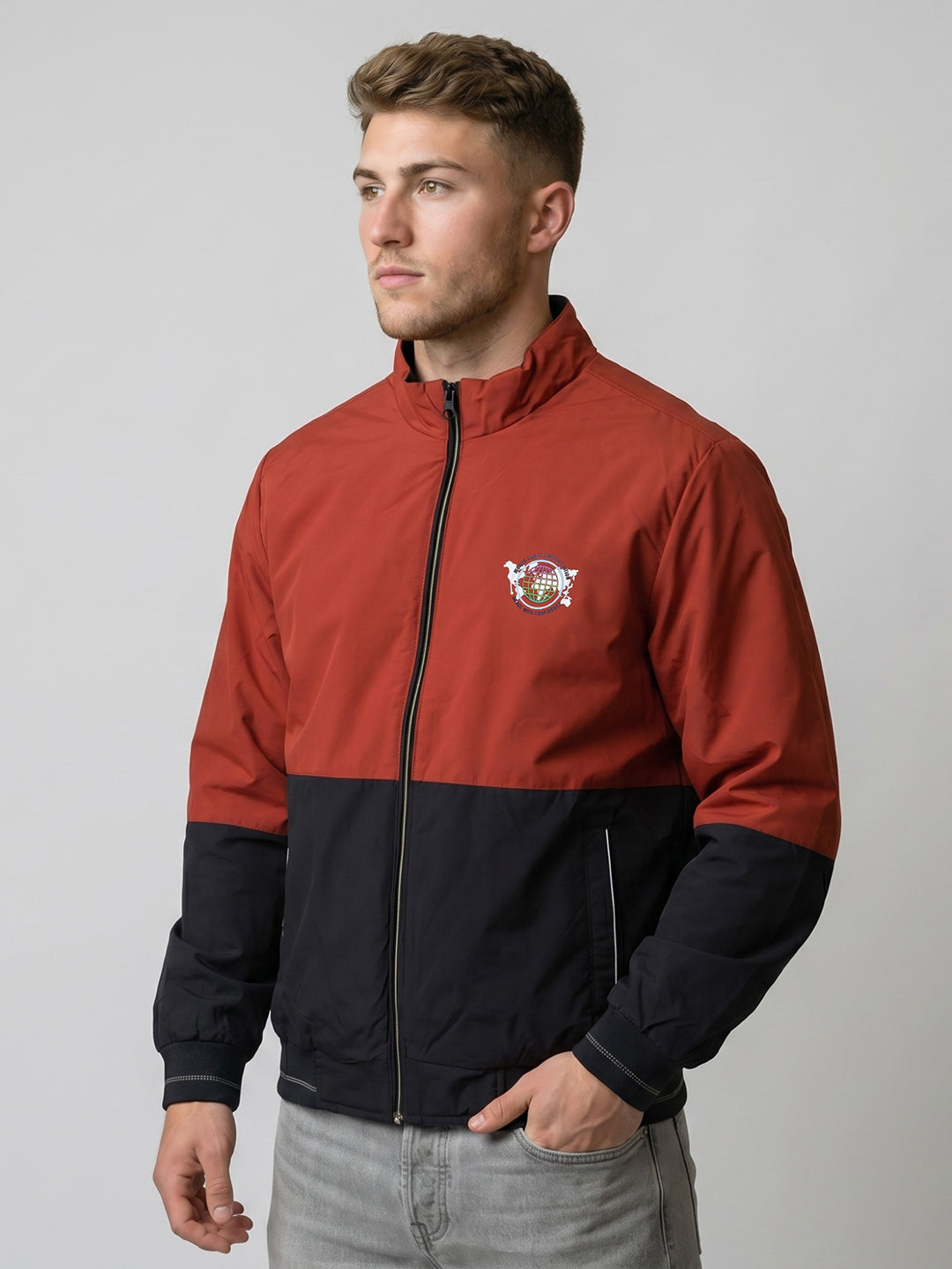 Men Rust Solid Turtle Neck Full Sleeve Bomber Jacket