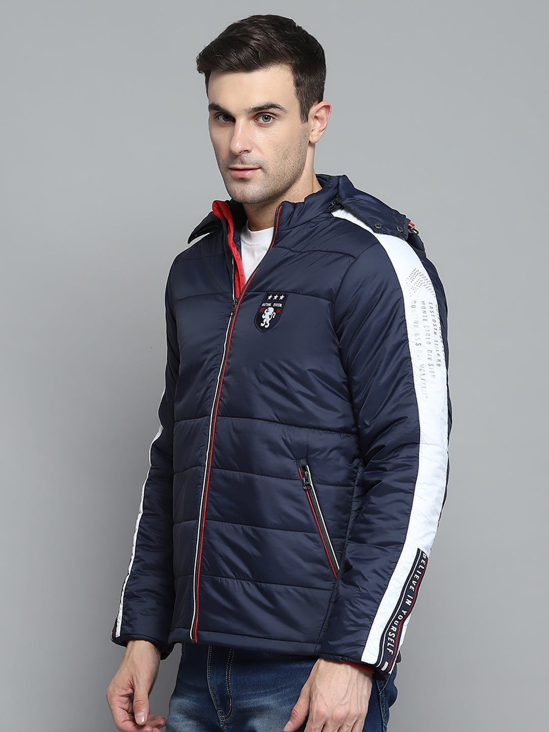 Men Navy Blue Solid Hooded Full Sleeve Jacket