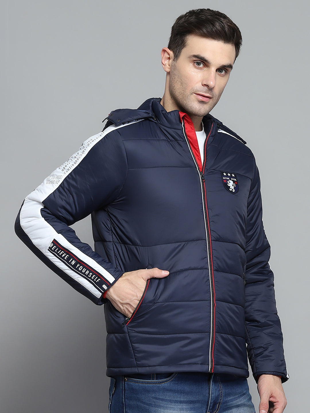 Men Navy Blue Solid Hooded Full Sleeve Jacket