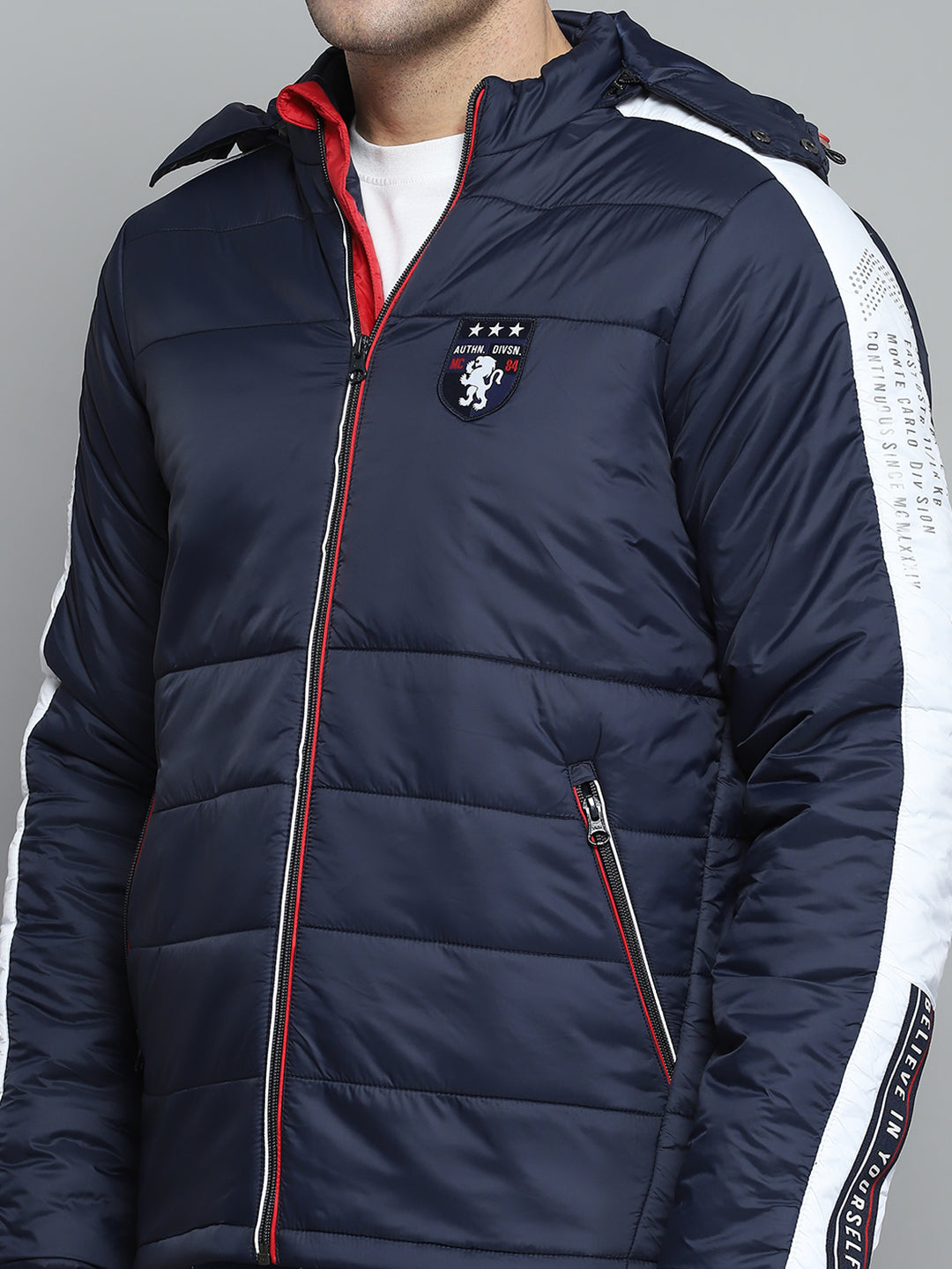 Men Navy Blue Solid Hooded Full Sleeve Jacket