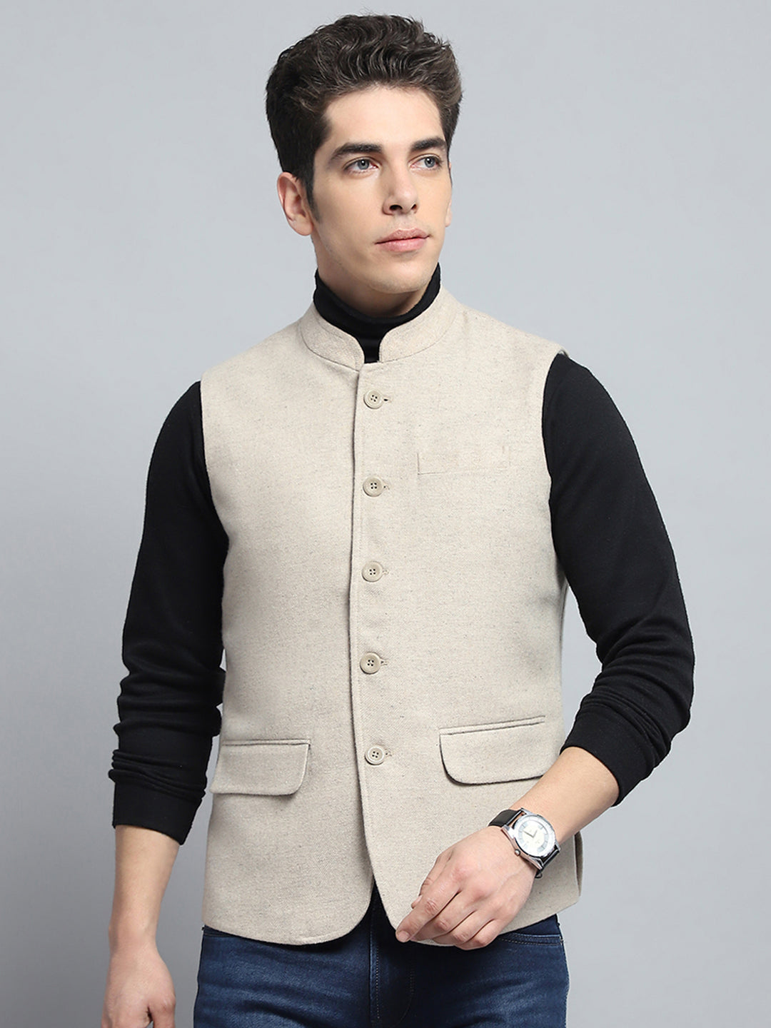 Men Beige Solid Band Collar Sleeveless Jacket