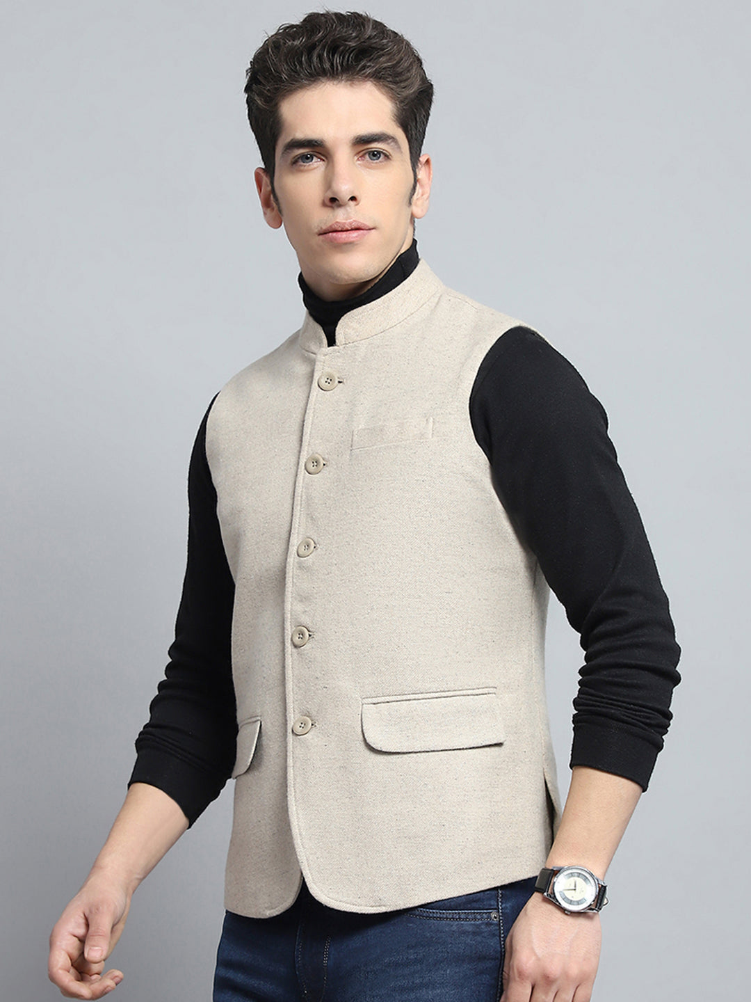 Men Beige Solid Band Collar Sleeveless Jacket