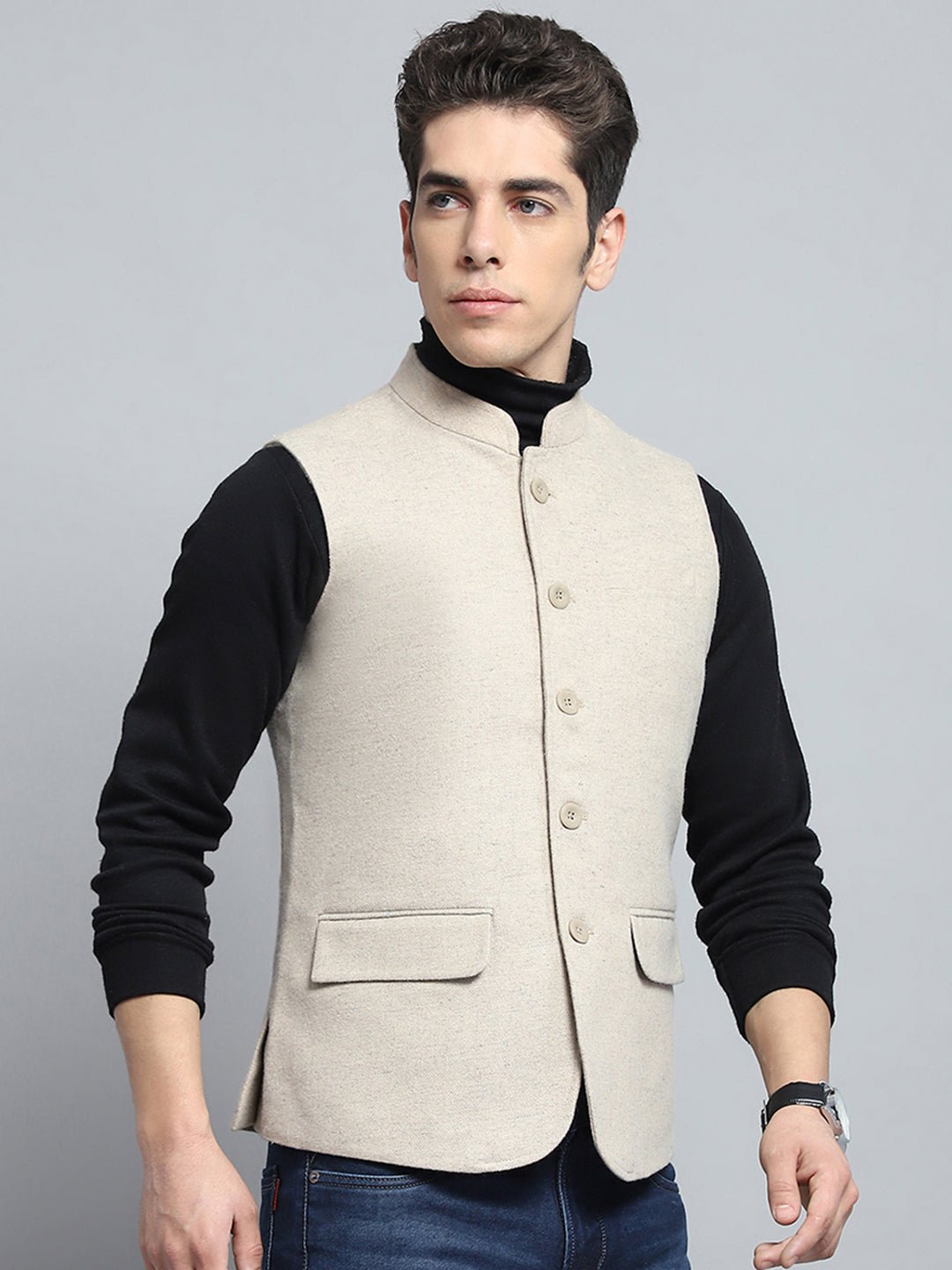 Men Beige Solid Band Collar Sleeveless Jacket