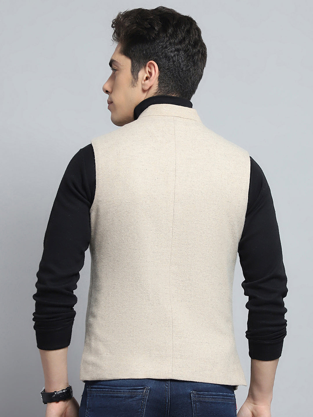 Men Beige Solid Band Collar Sleeveless Jacket