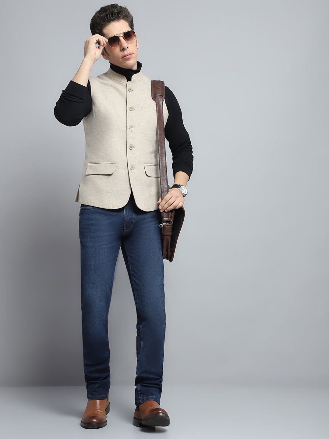 Men Beige Solid Band Collar Sleeveless Jacket