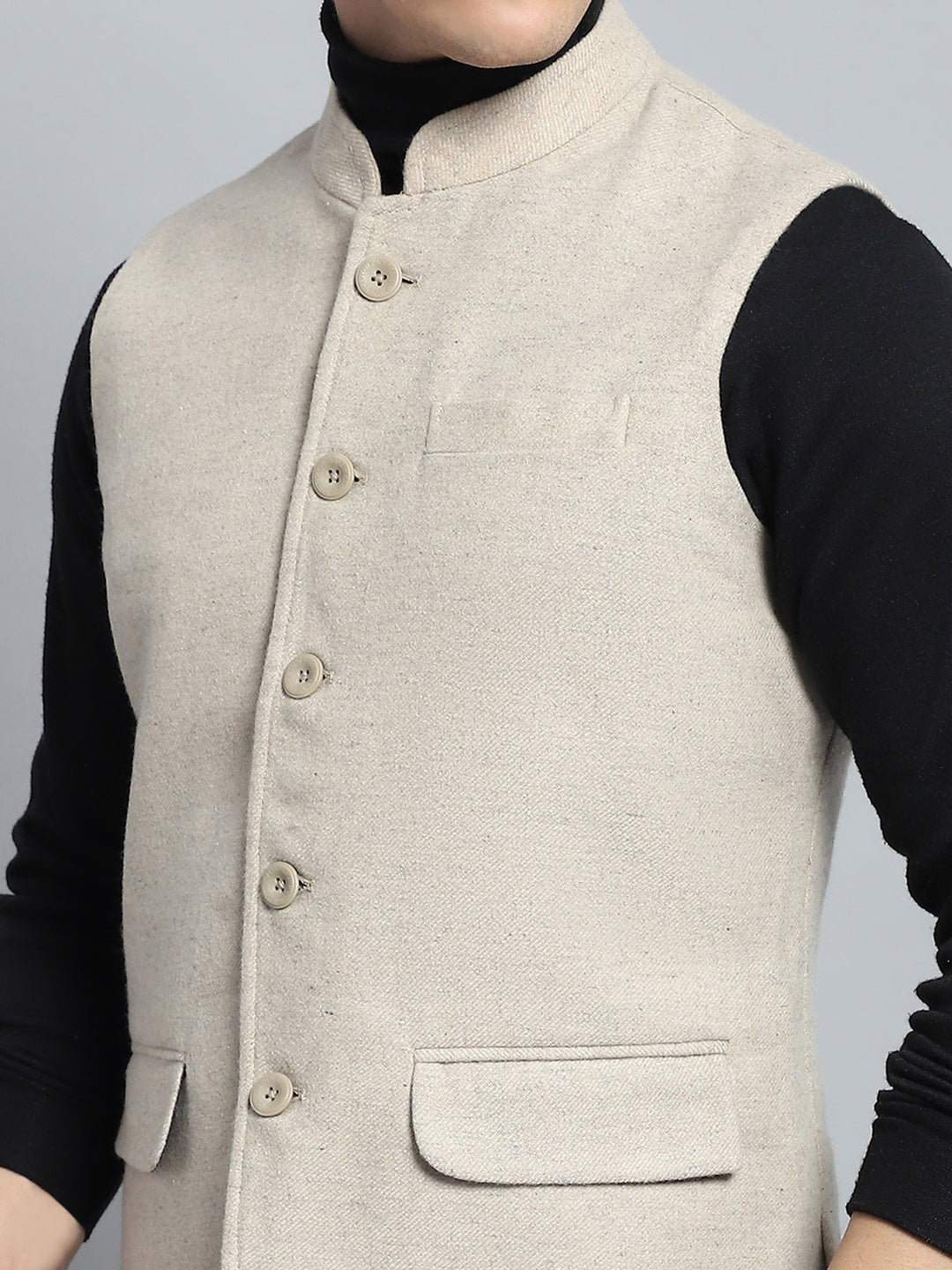 Men Beige Solid Band Collar Sleeveless Jacket