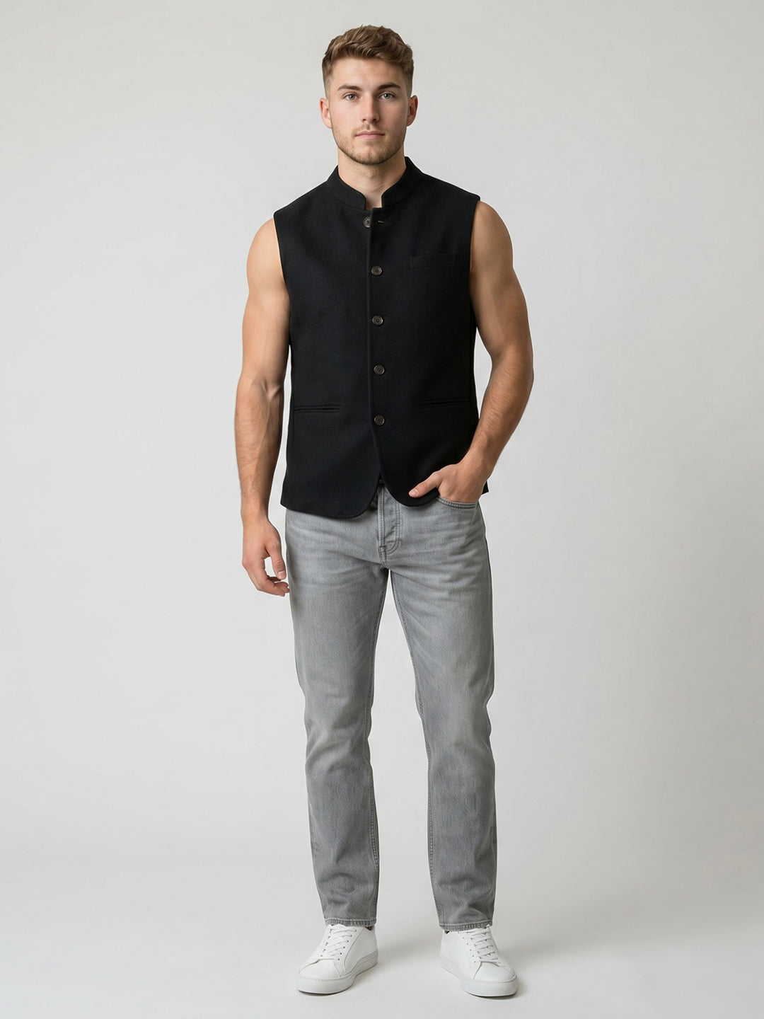 Men Olive Solid Collar Sleeveless Jacket