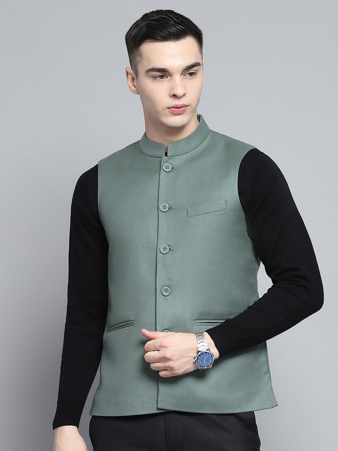 Men Olive Solid Band Collar Sleeveless Nehru Jacket