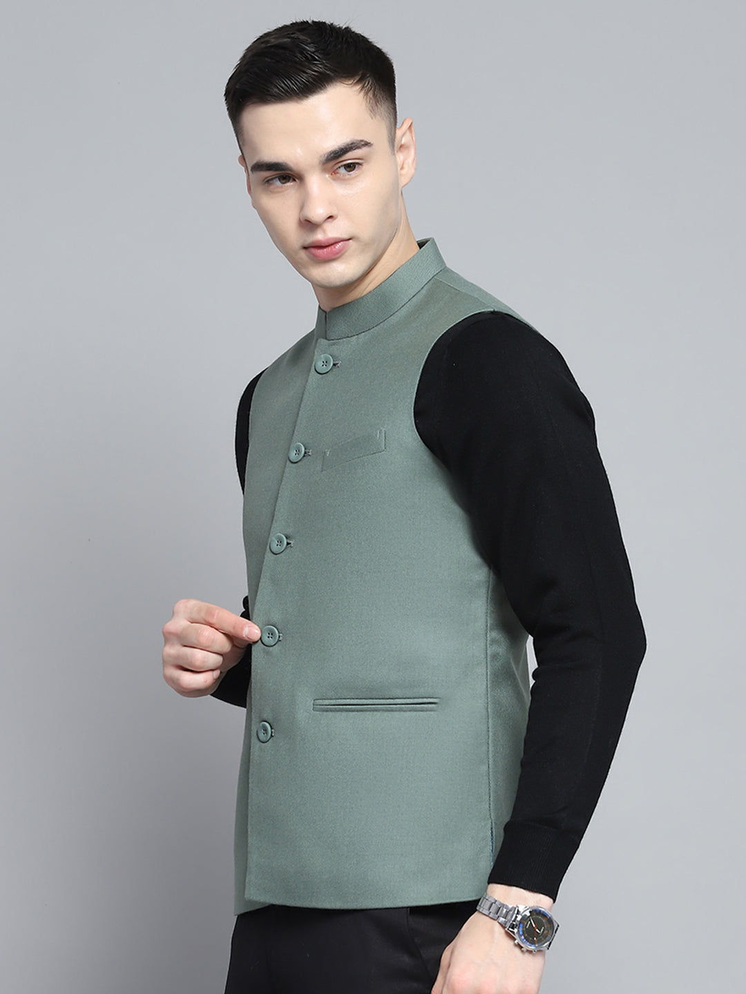 Men Olive Solid Band Collar Sleeveless Nehru Jacket