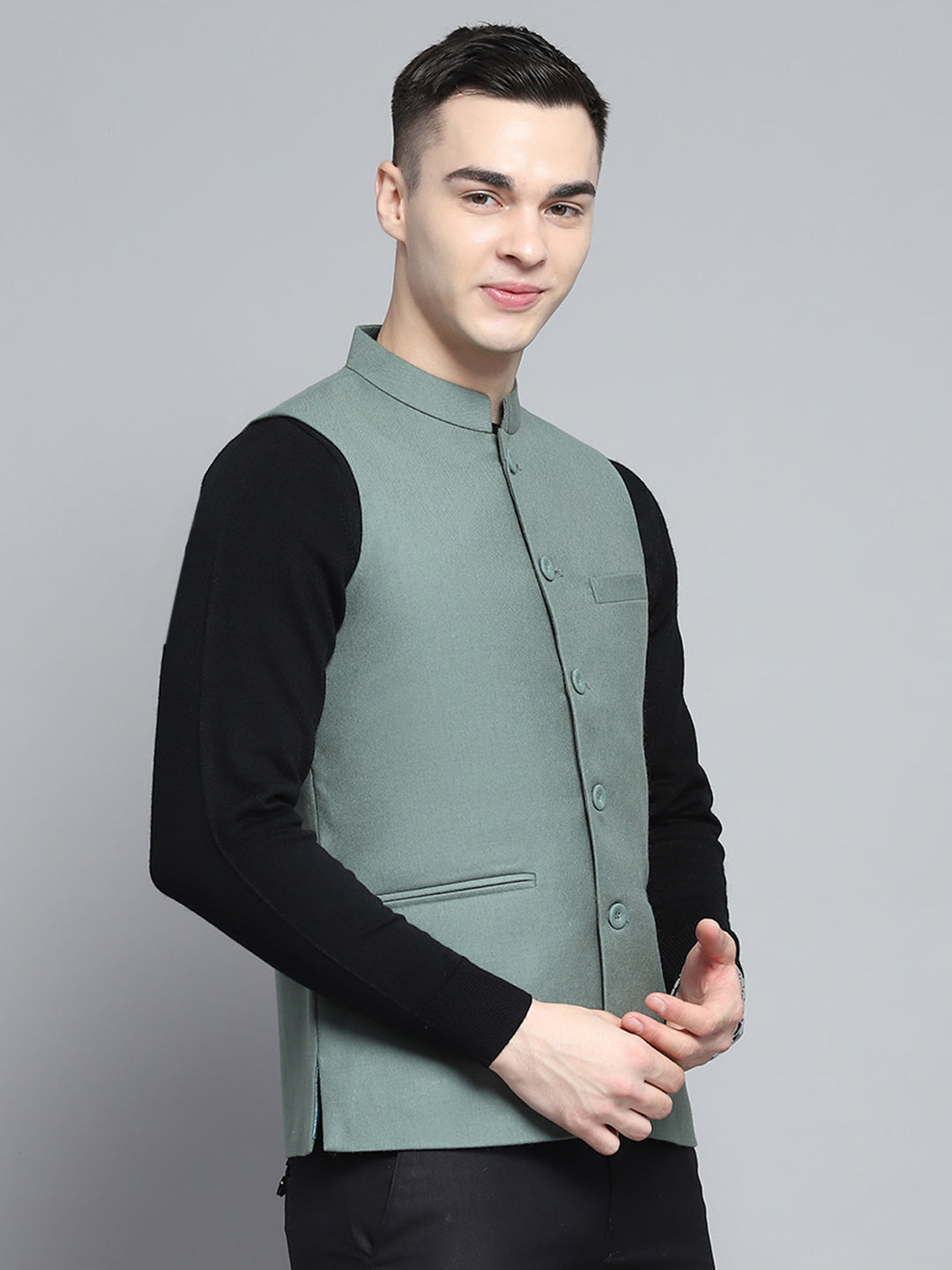 Men Olive Solid Band Collar Sleeveless Nehru Jacket