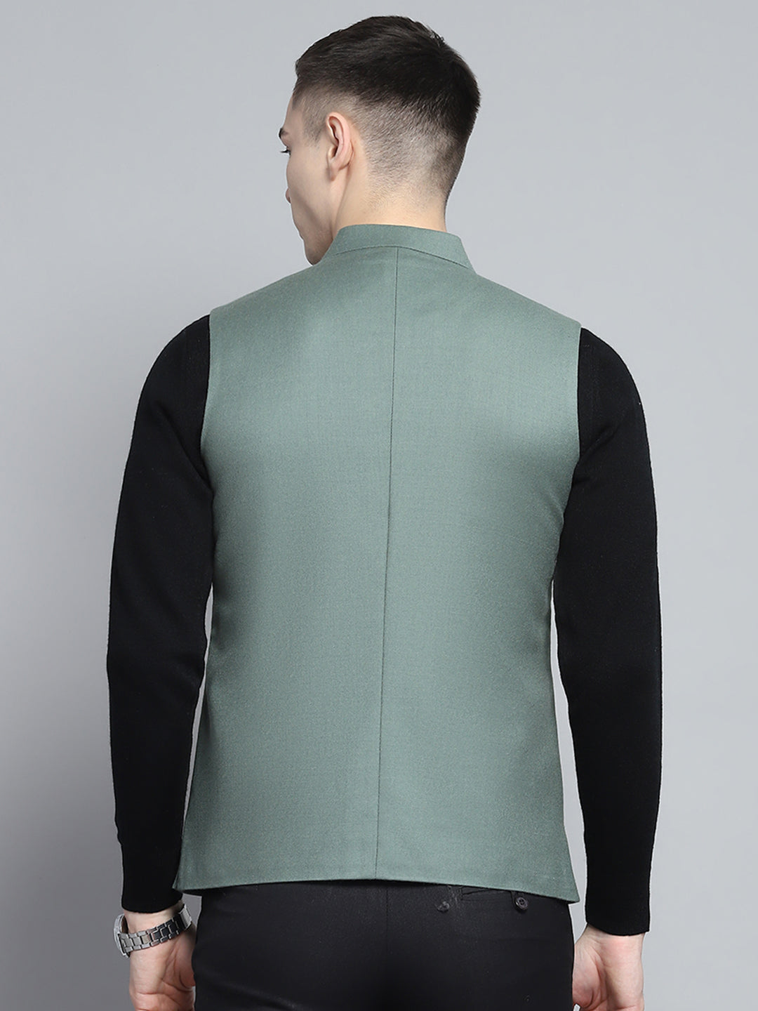 Men Olive Solid Band Collar Sleeveless Nehru Jacket