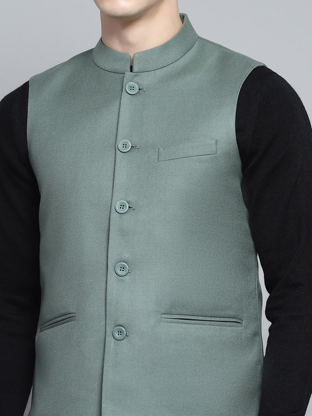 Men Olive Solid Band Collar Sleeveless Nehru Jacket