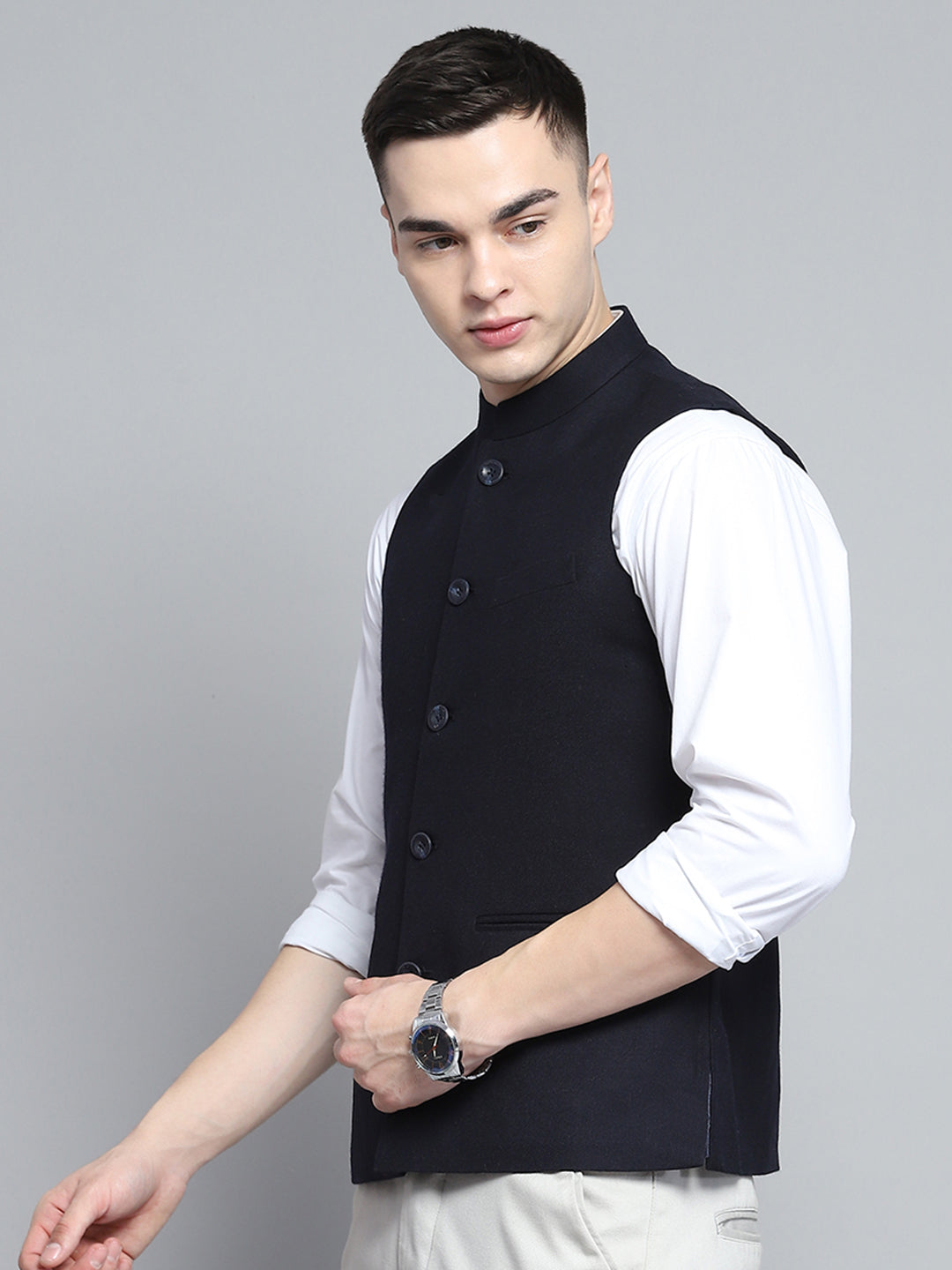 Men Navy Blue Solid Band Collar Sleeveless Jacket