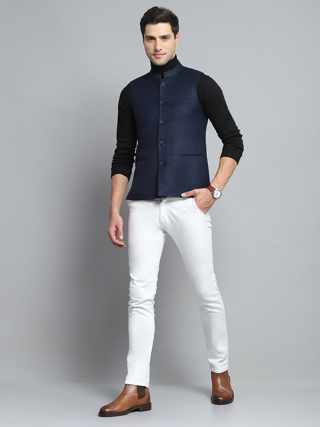 Men Blue Solid Band Collar Sleeveless Nehru Jacket