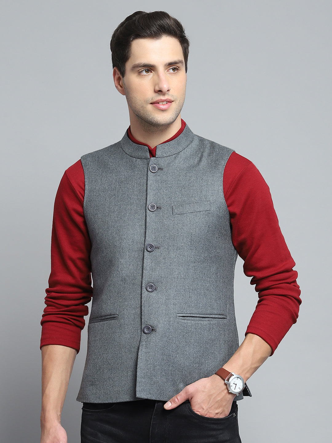 Men Grey Solid Band Collar Sleeveless Nehru Jacket