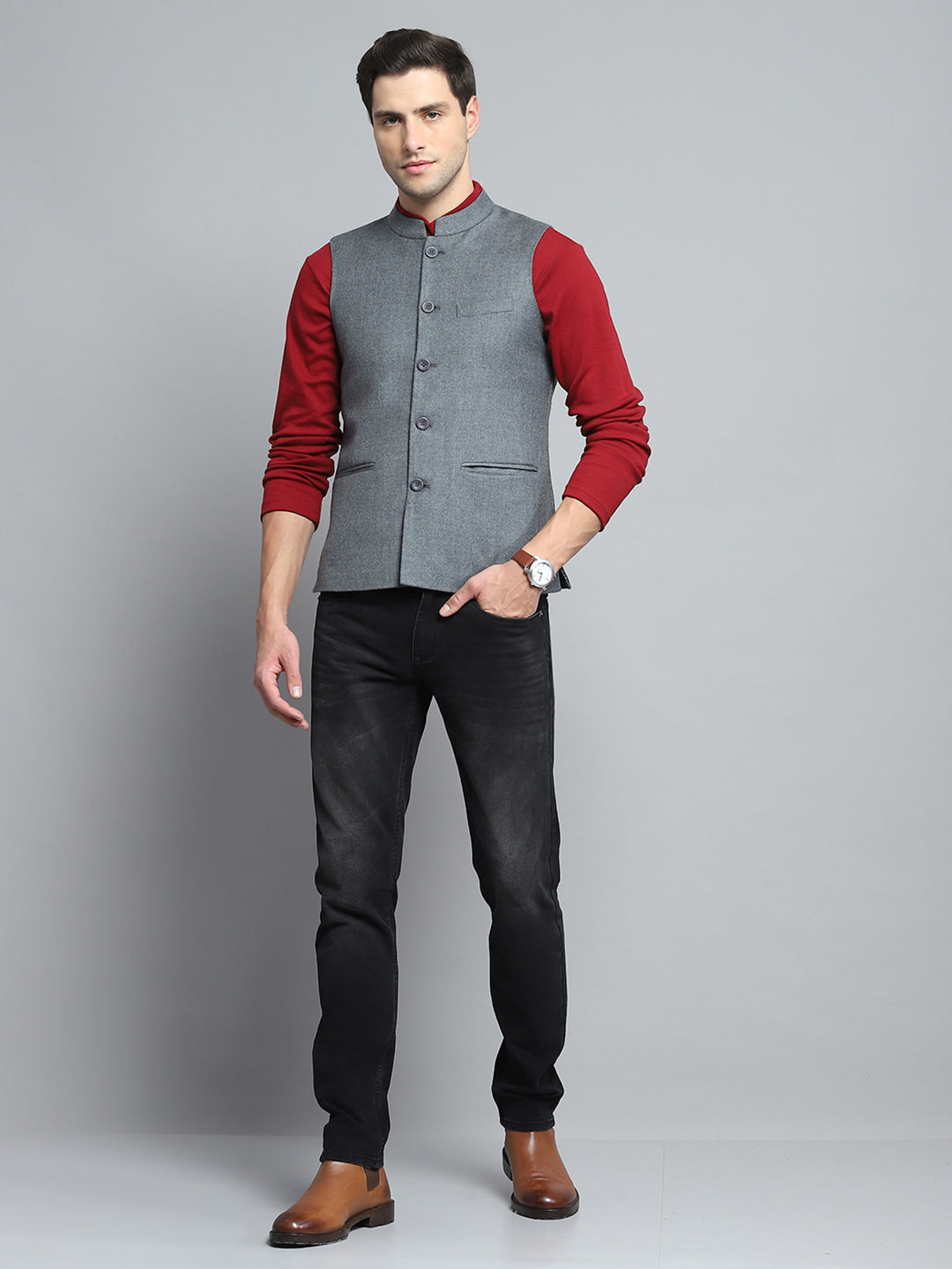 Men Grey Solid Band Collar Sleeveless Nehru Jacket