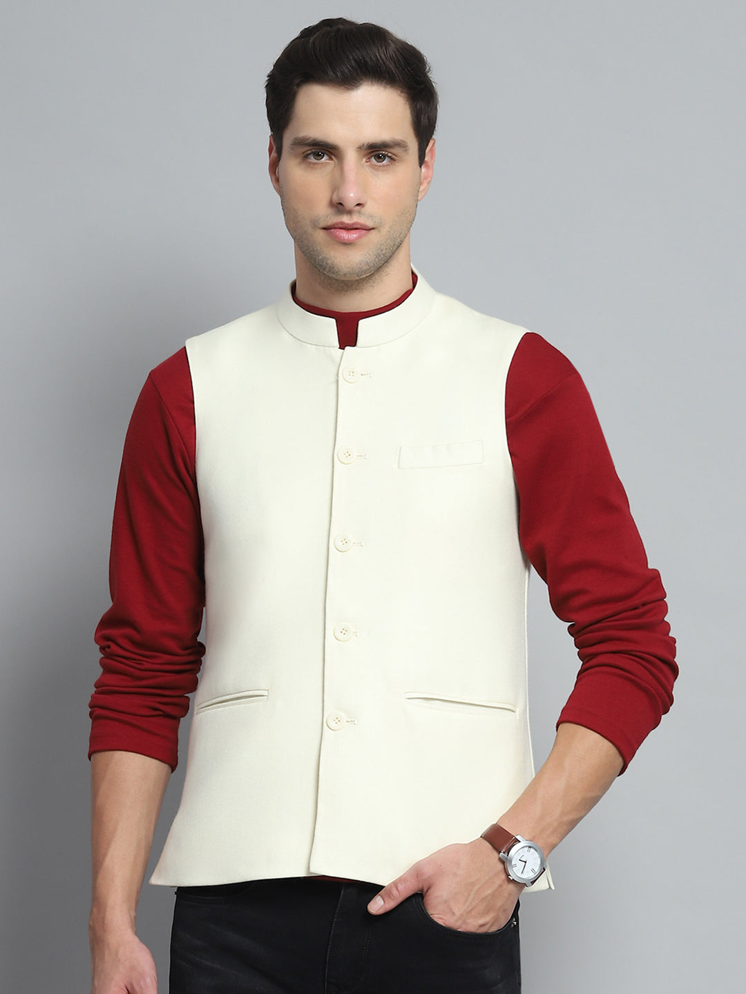 Buy Men Cream Solid Band Collar Sleeveless Nehru Jacket Online in