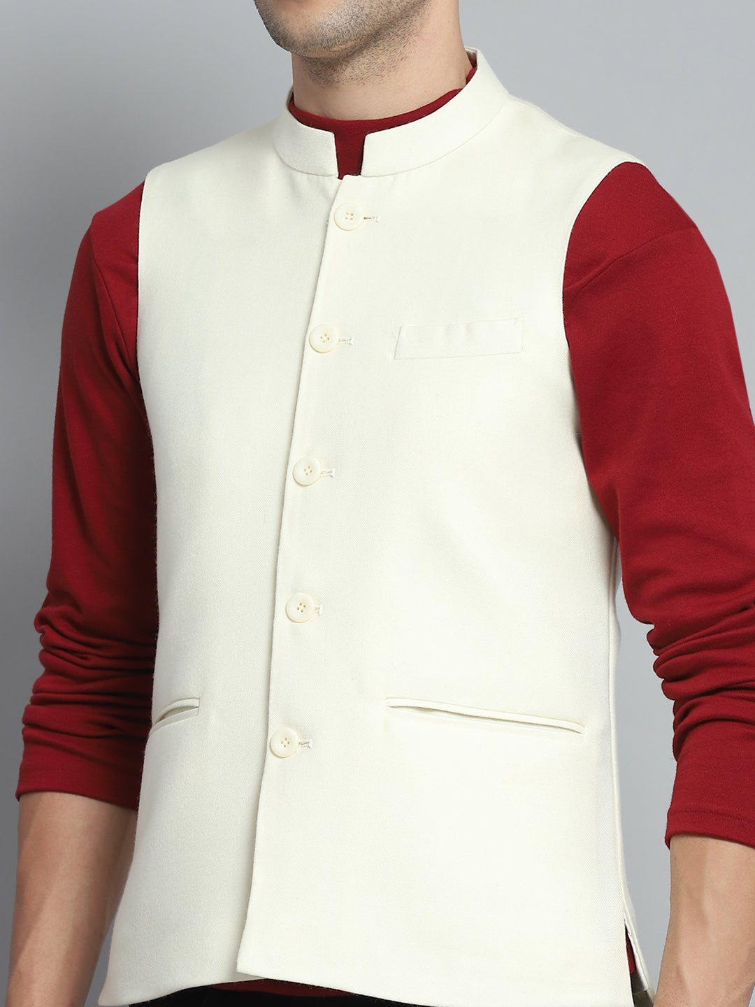 Men Cream Solid Band Collar Sleeveless Nehru Jacket