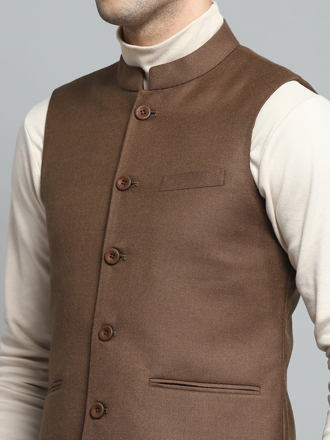 Men Brown Solid Band Collar Sleeveless Nehru Jacket