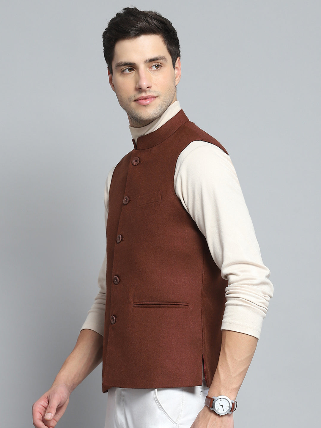 Men Maroon Solid Band Collar Sleeveless Nehru Jacket