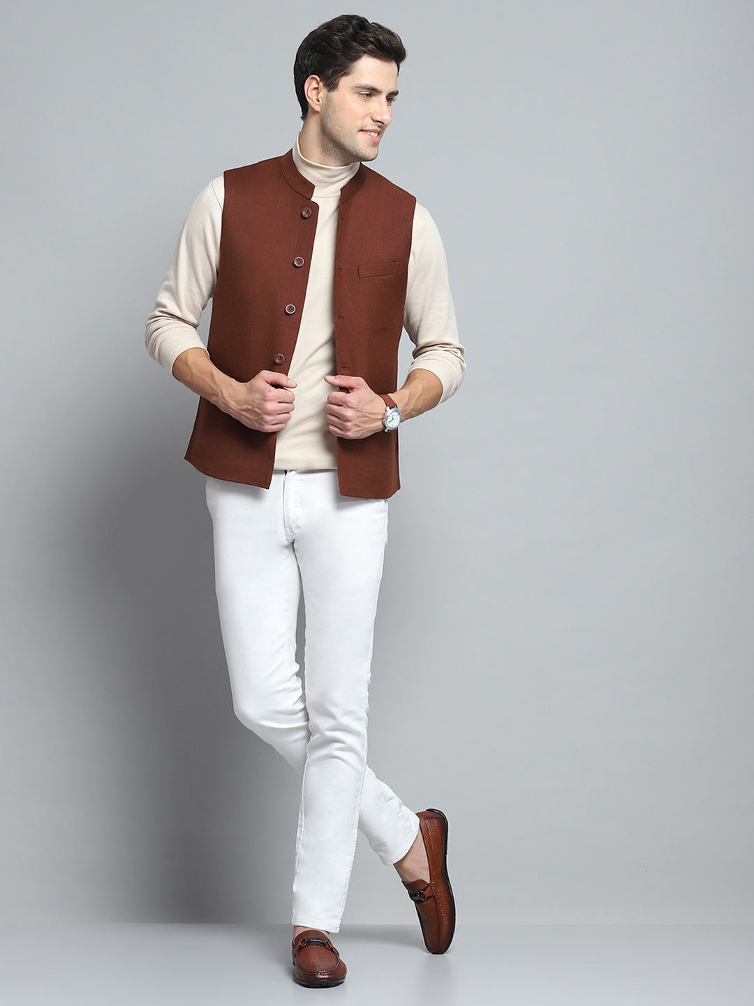 Men Maroon Solid Band Collar Sleeveless Nehru Jacket