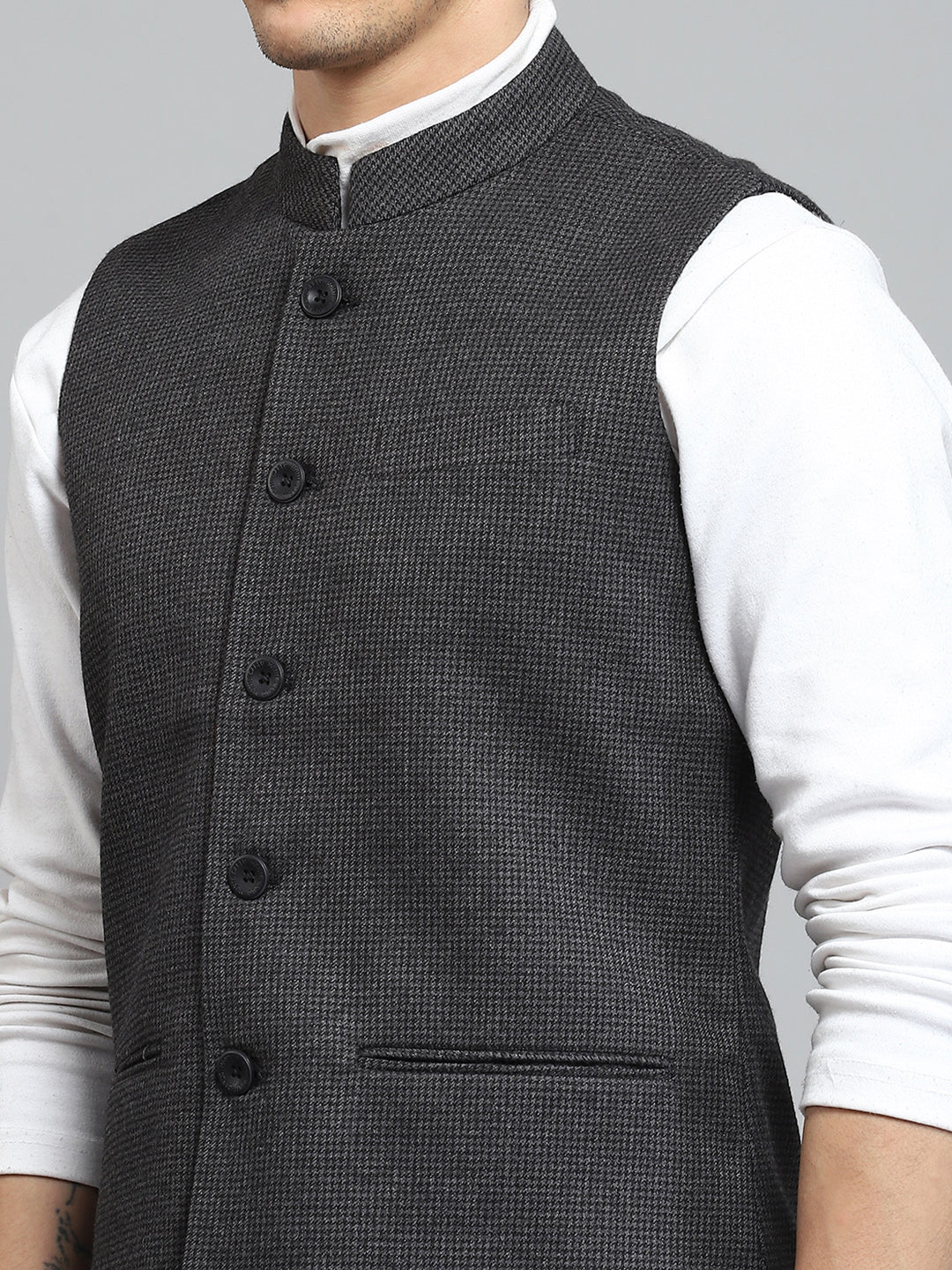 Men Charcoal Solid Band Collar Sleeveless Nehru Jacket