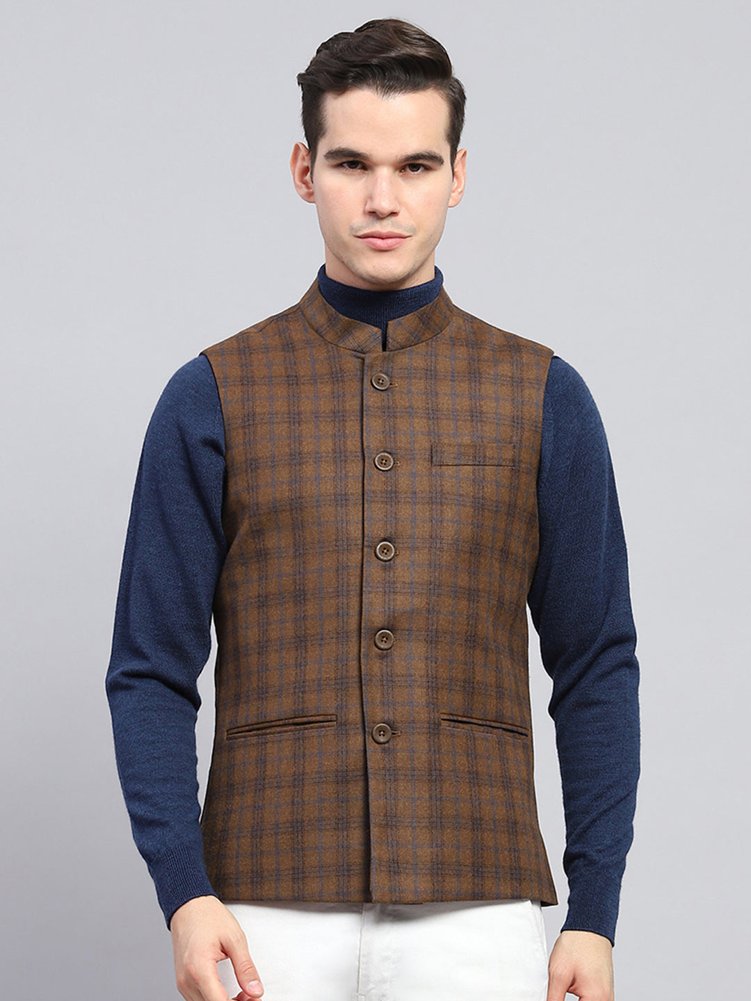 Buy Men Brown Check Band Collar Sleeveless Jacket Online in India