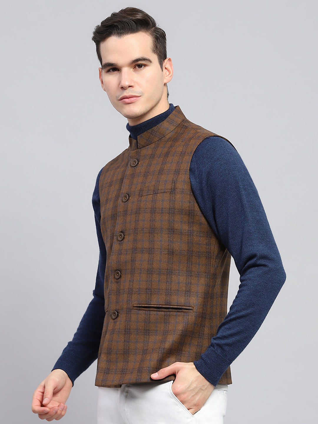 Men Brown Check Band Collar Sleeveless Jacket