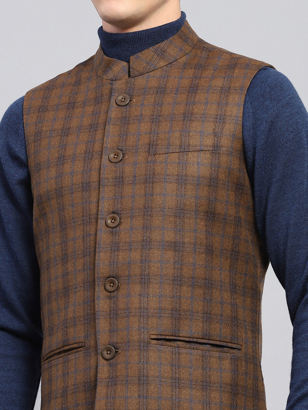 Men Brown Check Band Collar Sleeveless Jacket