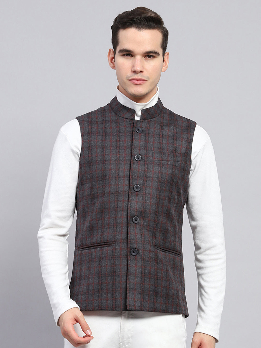 Men Grey Check Band Collar Sleeveless Jacket