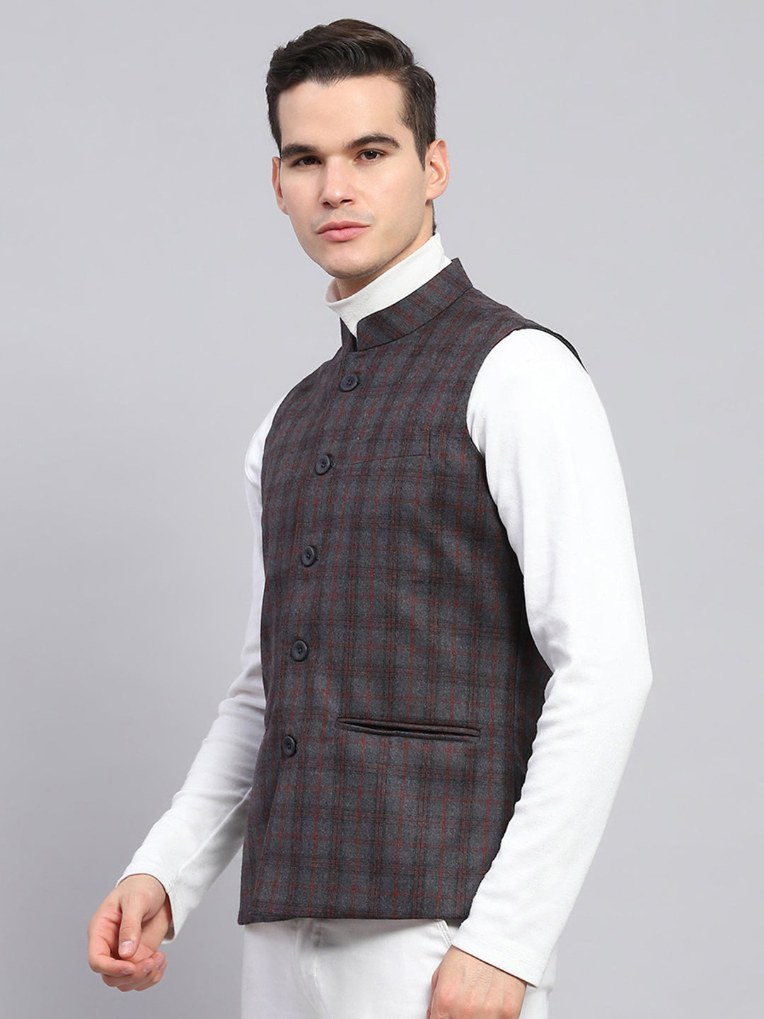 Men Grey Check Band Collar Sleeveless Jacket