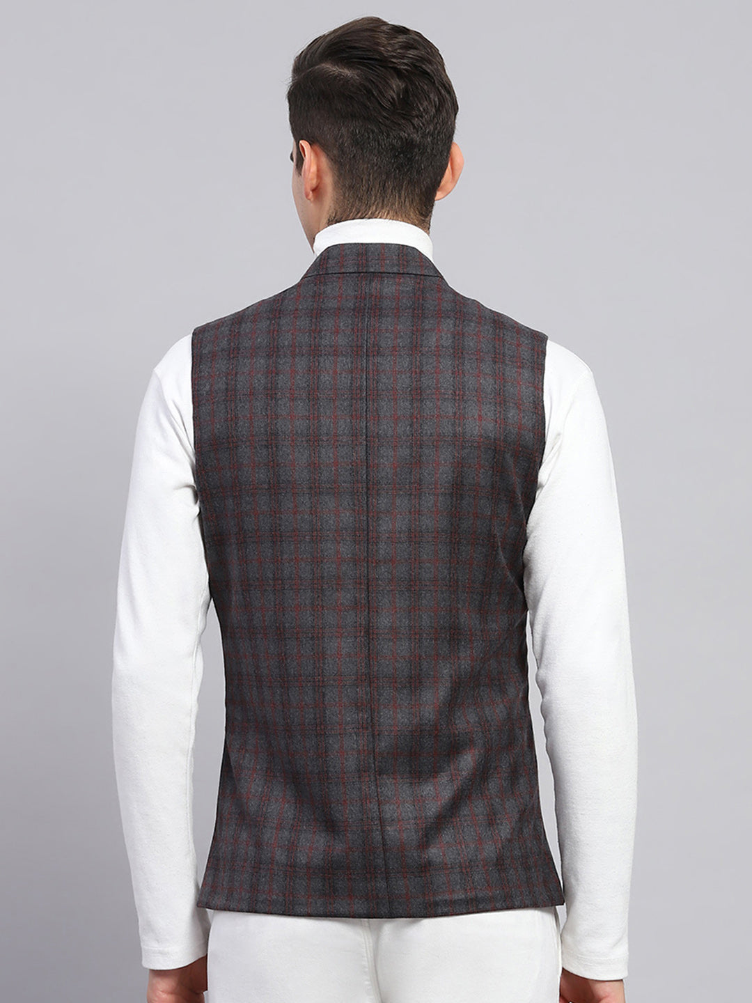 Men Grey Check Band Collar Sleeveless Jacket