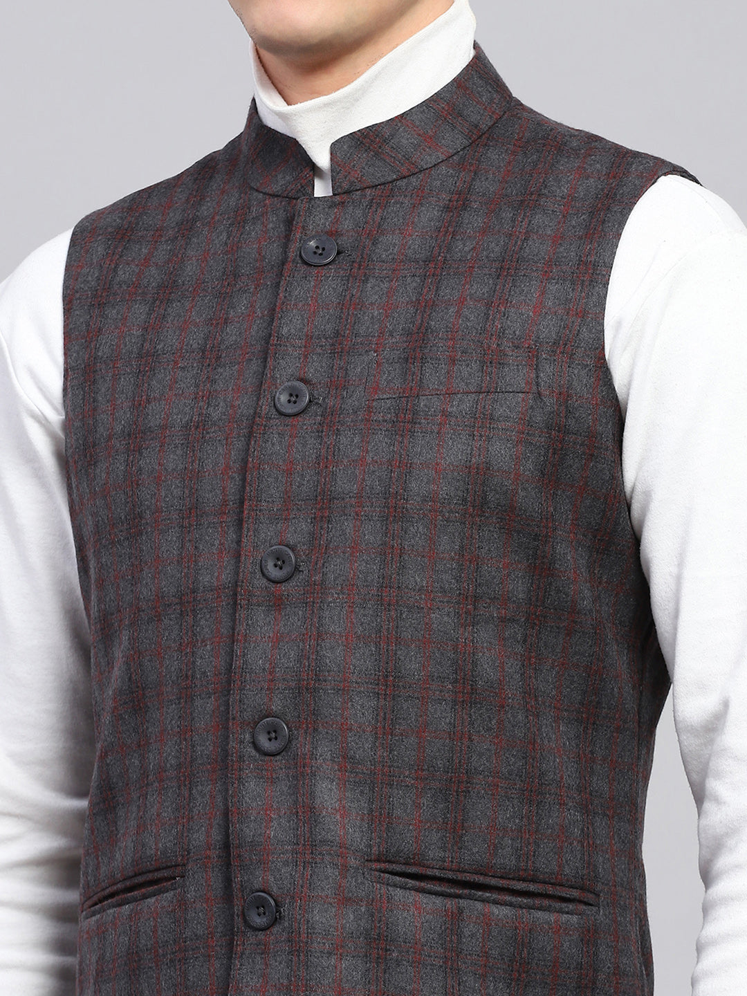 Men Grey Check Band Collar Sleeveless Jacket
