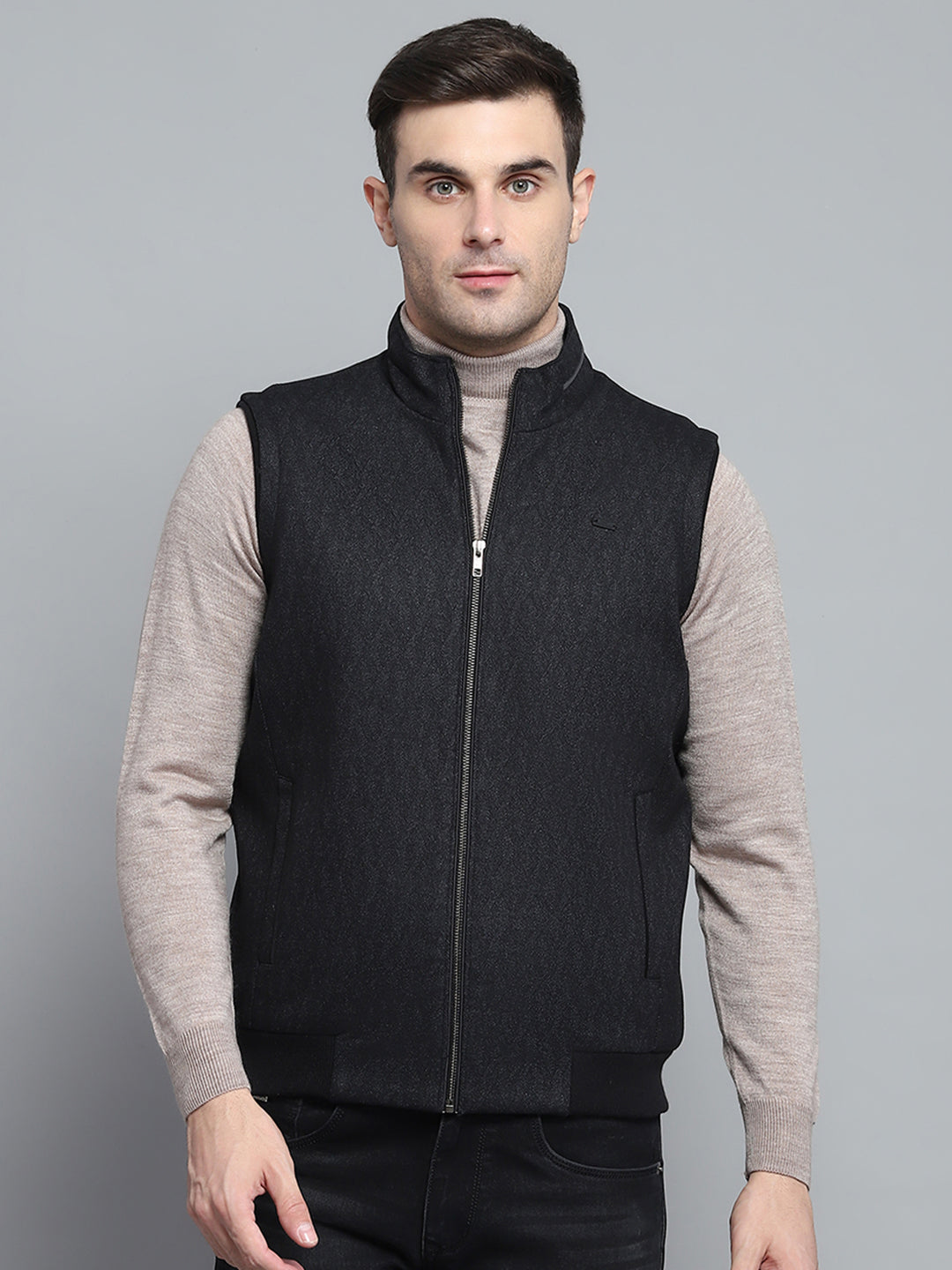Sleeveless Blazer For Half Blazer Price Men Black Solid Mock Neck