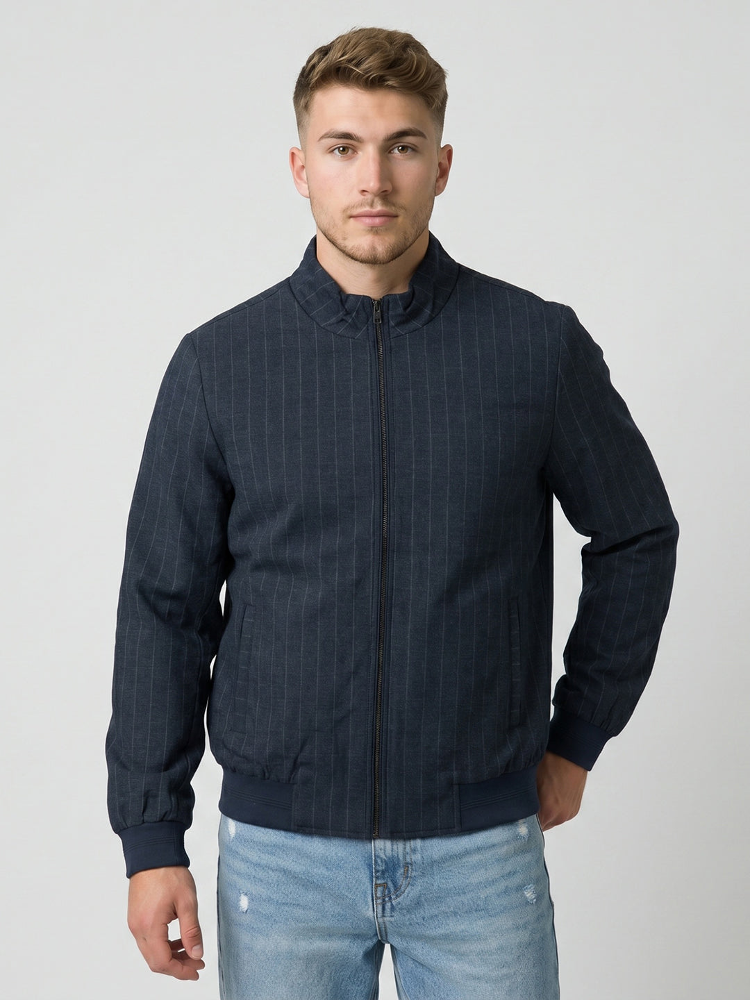 Men Blue Stripe Stand Collar Full Sleeve Jacket