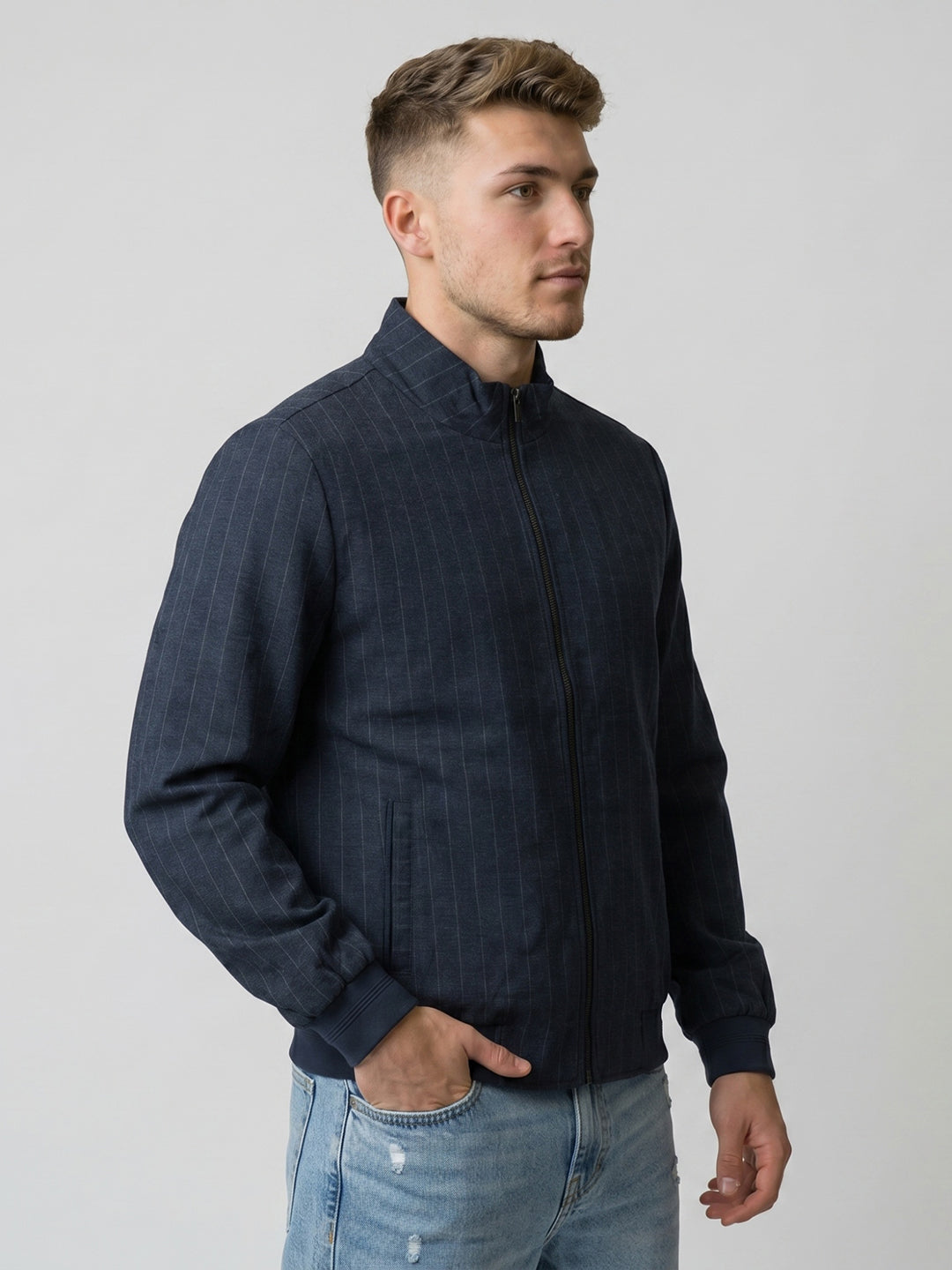 Men Blue Stripe Stand Collar Full Sleeve Jacket