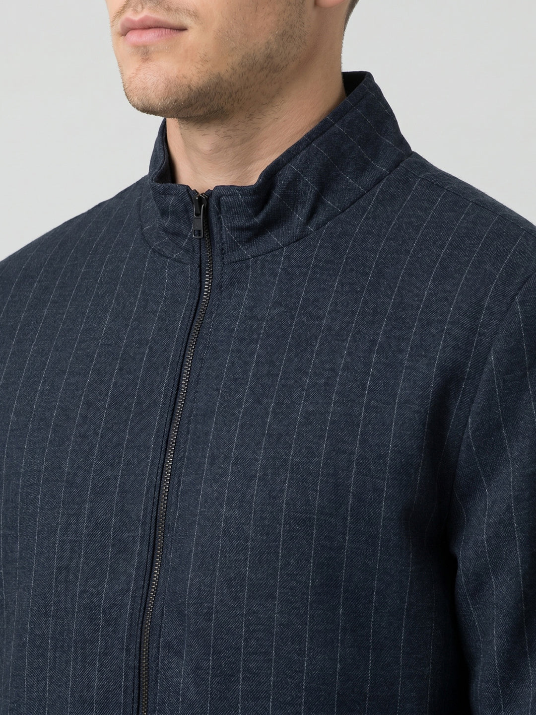 Men Blue Stripe Stand Collar Full Sleeve Jacket